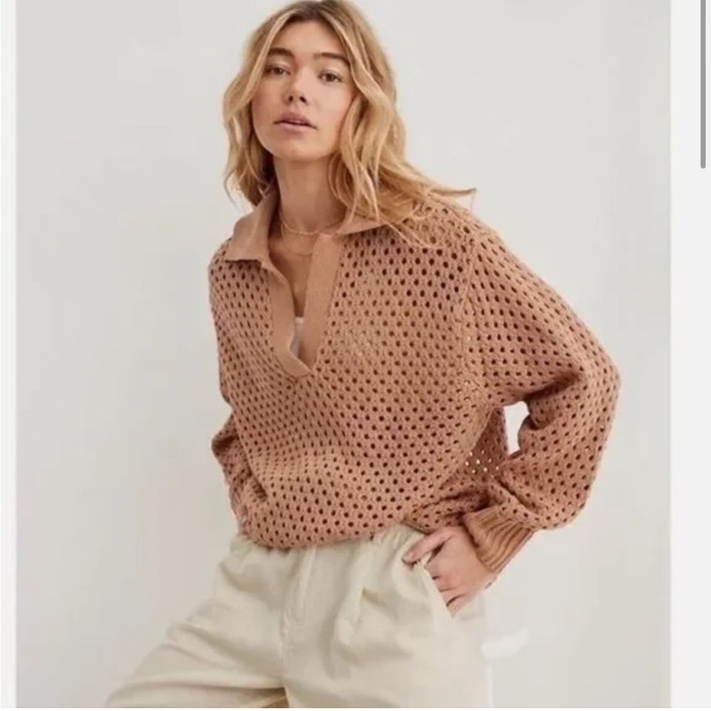 NEW Aerie Warm Tan Collared Open-Knit Long Sleeve Sweater